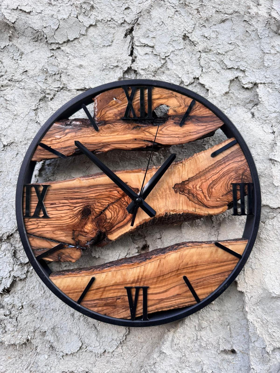 Handmade Olive Wood Clock, Live Edge Wooden Clock with Metal Frame
