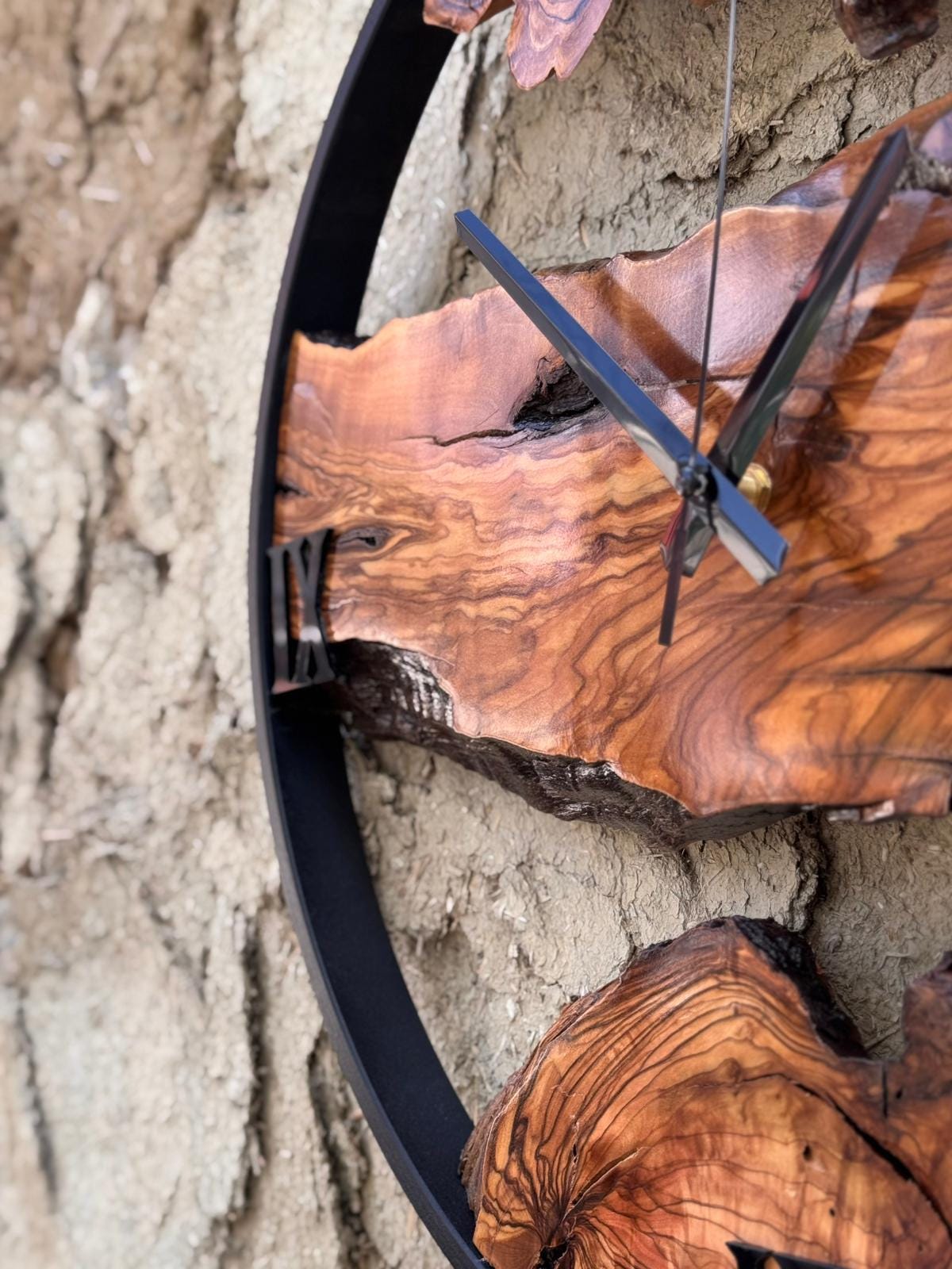 Handmade Olive Wood Clock with Metal Frame, Rustic Live Edge Decor