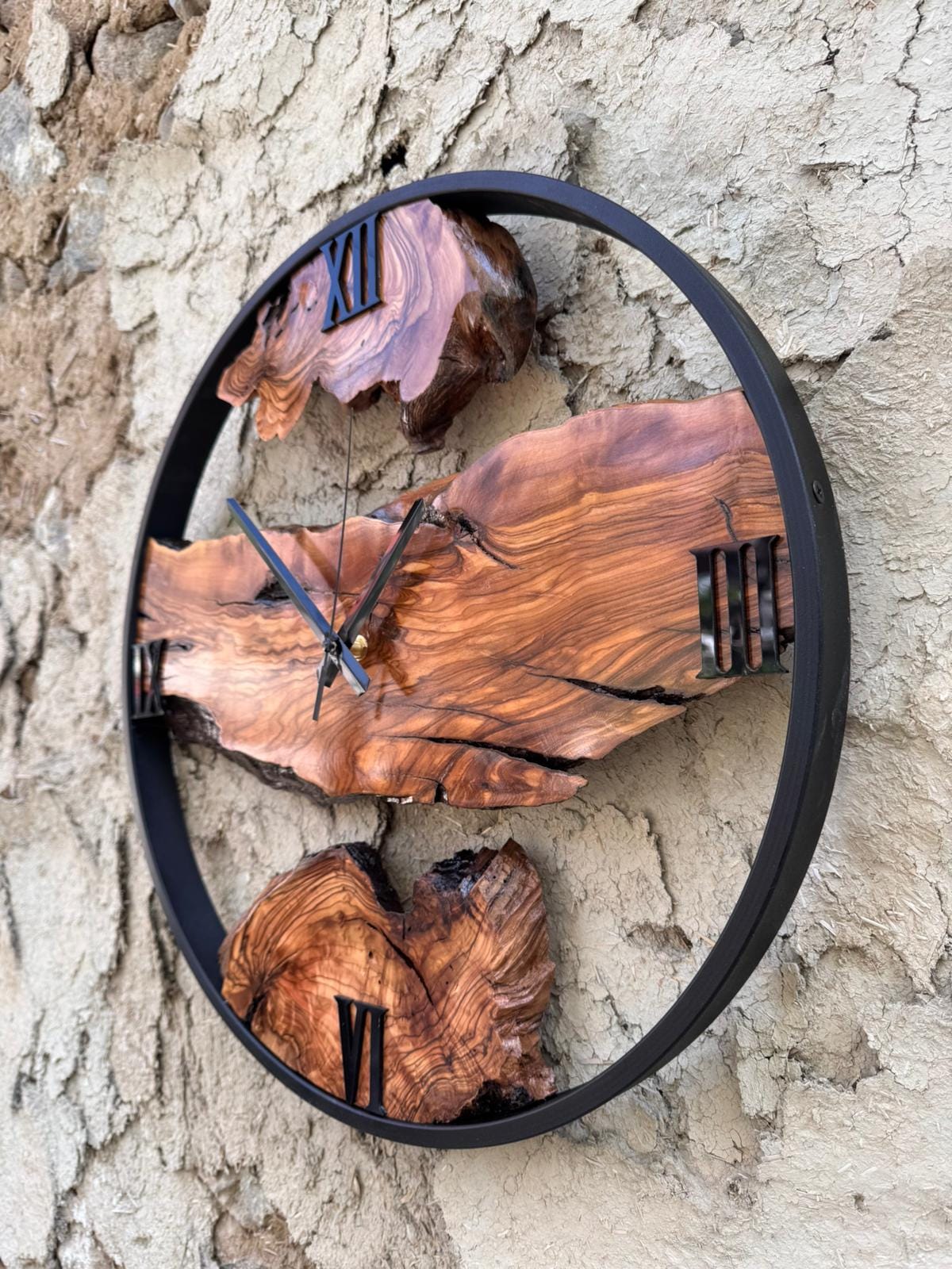 Handmade Olive Wood Clock with Metal Frame, Rustic Live Edge Decor