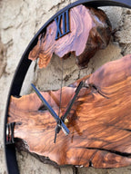 Handmade Olive Wood Clock with Metal Frame, Rustic Live Edge Decor