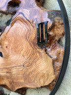 Olive Wood Clock with Black Metal Frame, Rustic Live Edge Design