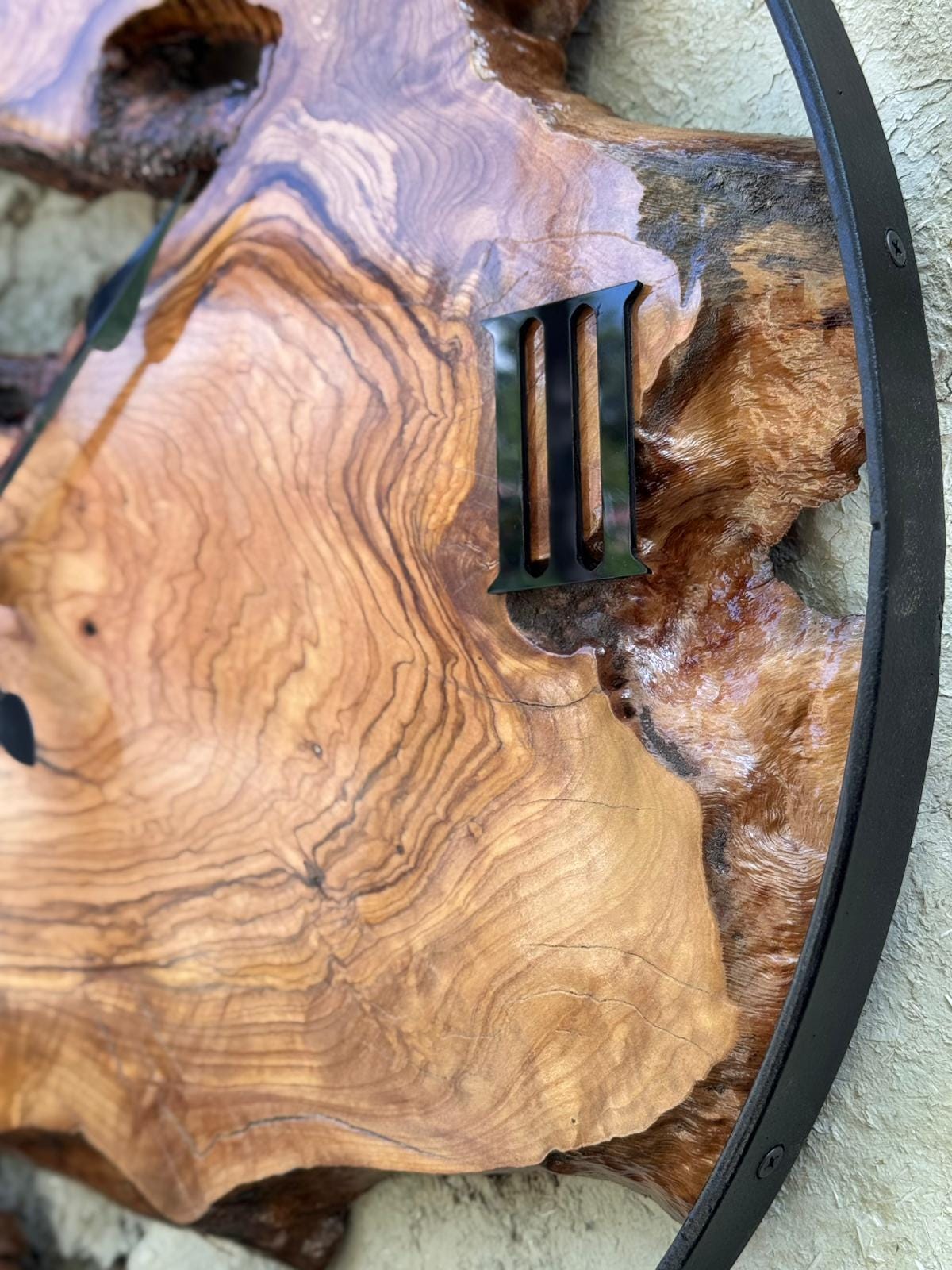 Olive Wood Clock with Black Metal Frame, Rustic Live Edge Design