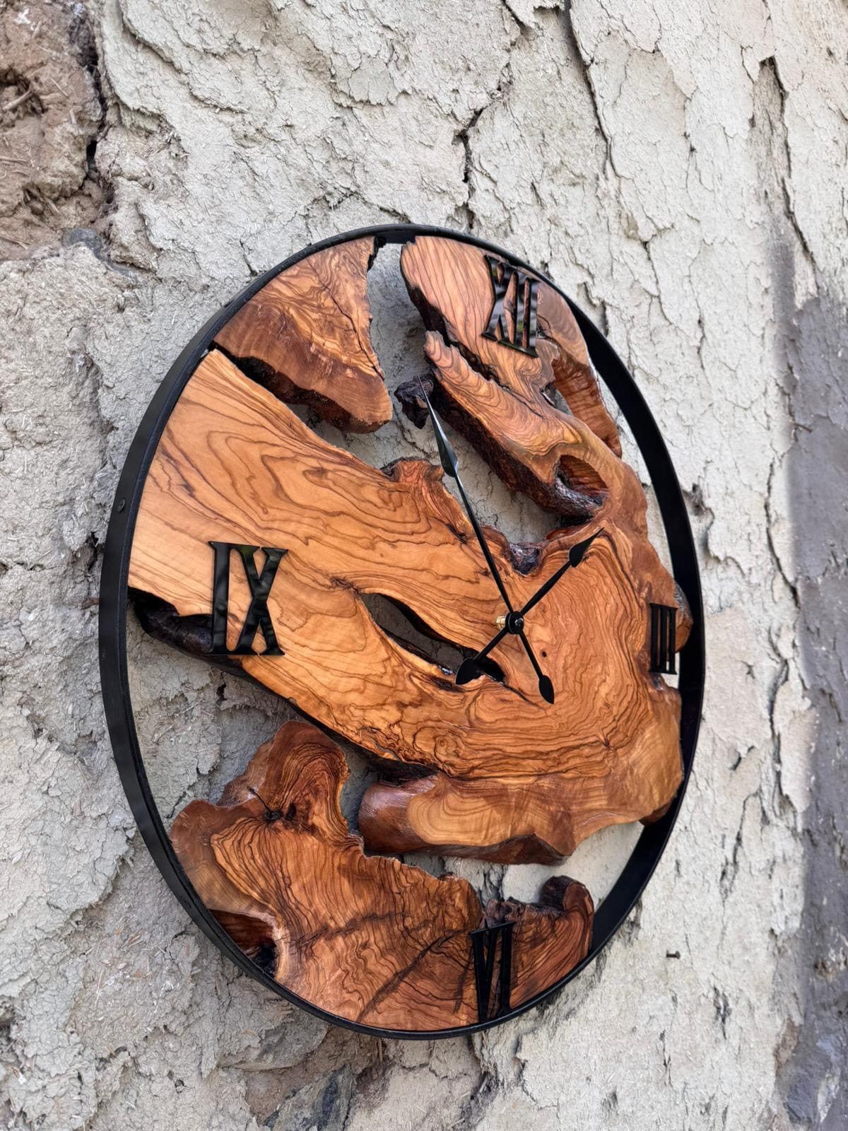 Olive Wood Clock with Black Metal Frame, Rustic Live Edge Design