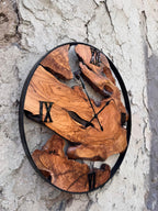 Olive Wood Clock with Black Metal Frame, Rustic Live Edge Design
