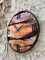 Rustic Olive Wood Clock with Metal Frame, Natural Live Edge Design