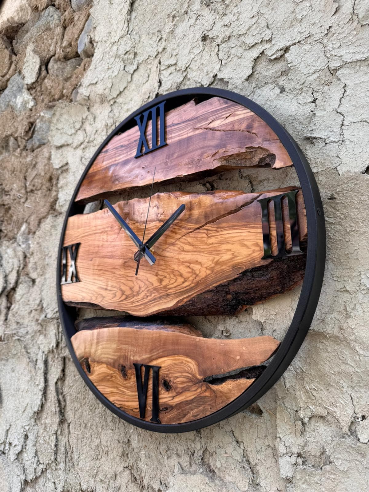 Rustic Olive Wood Clock with Metal Frame, Natural Live Edge Design