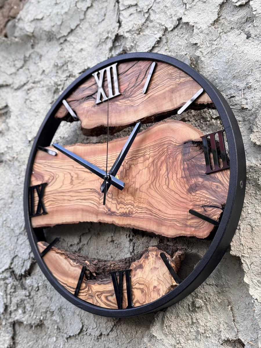 Live Edge Olive Wood Clock with Black Frame, Rustic Wooden Decor