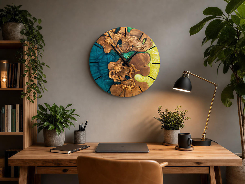 Handmade Olive Wood Epoxy Clock, Rustic Live Edge Wall Art, Silent Nature Inspired Decor