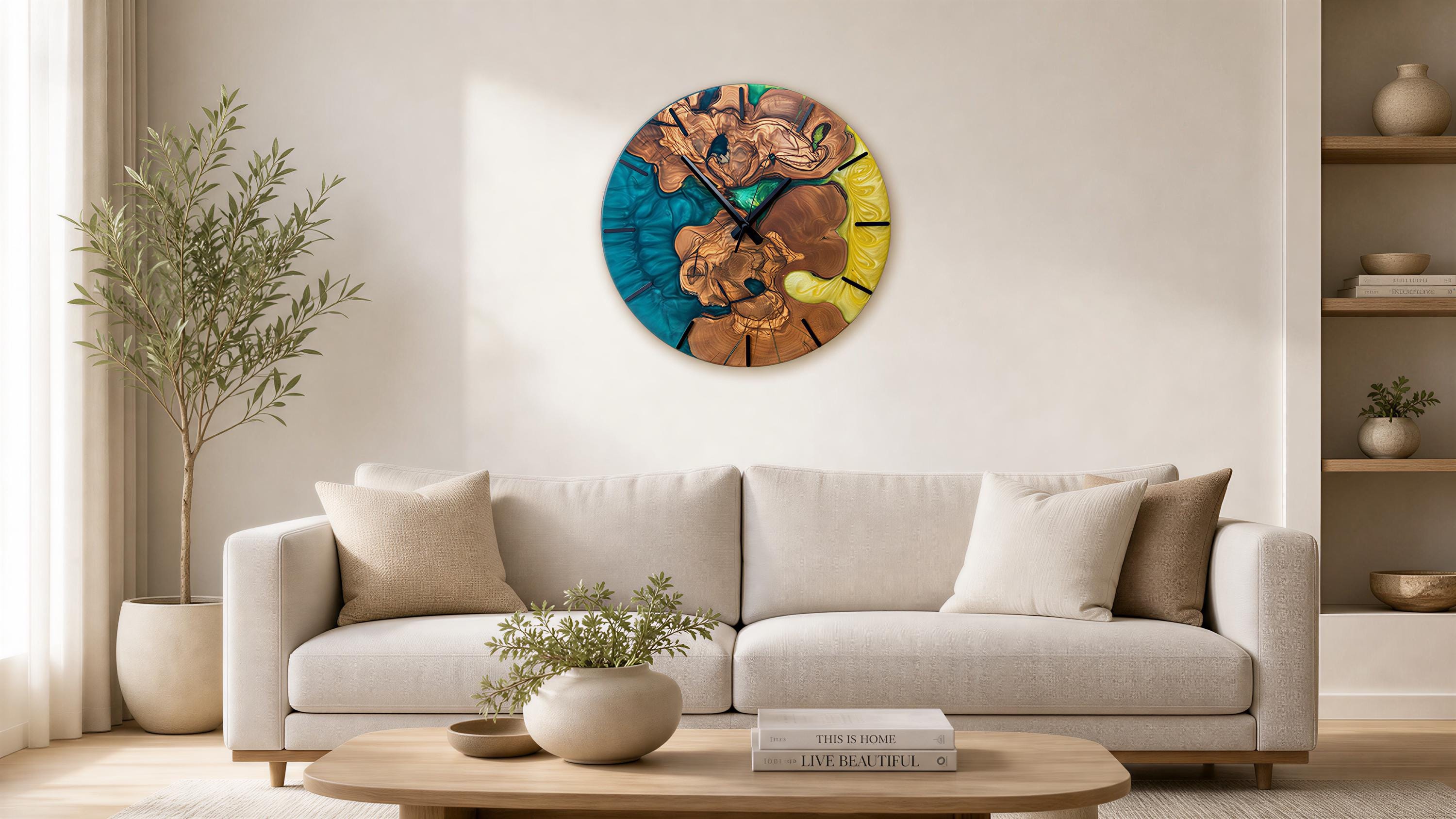 Handmade Olive Wood Epoxy Clock, Rustic Live Edge Wall Art, Silent Nature Inspired Decor