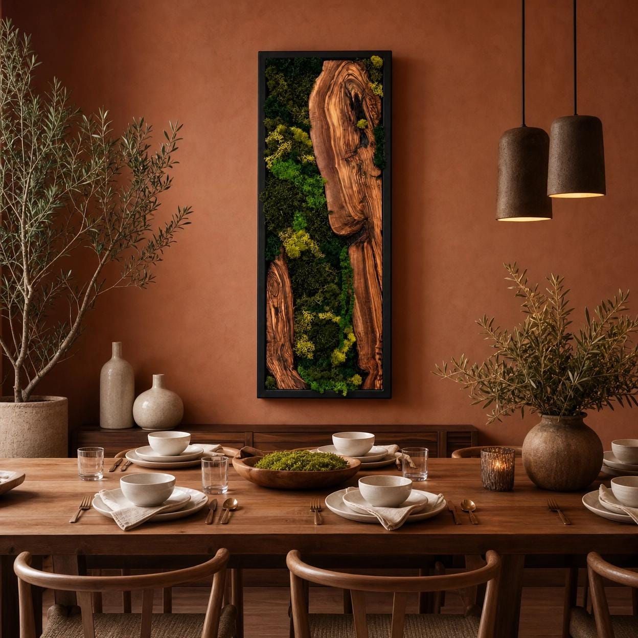 Olive Wood Moss Wall Art | Preserved Nature Decor, Boho Rustic Style