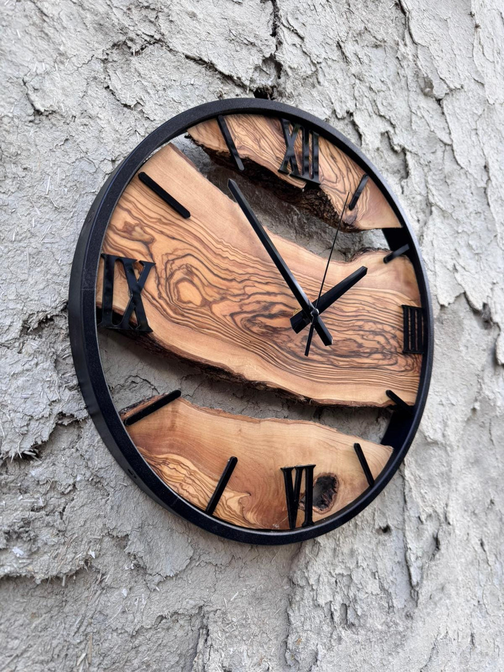 Handcrafted Olive Wood Wall Clock: Natural Grain, Silent Quartz Movement