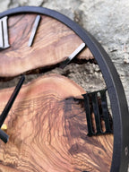 Live Edge Olive Wood Clock with Black Frame, Rustic Wooden Decor