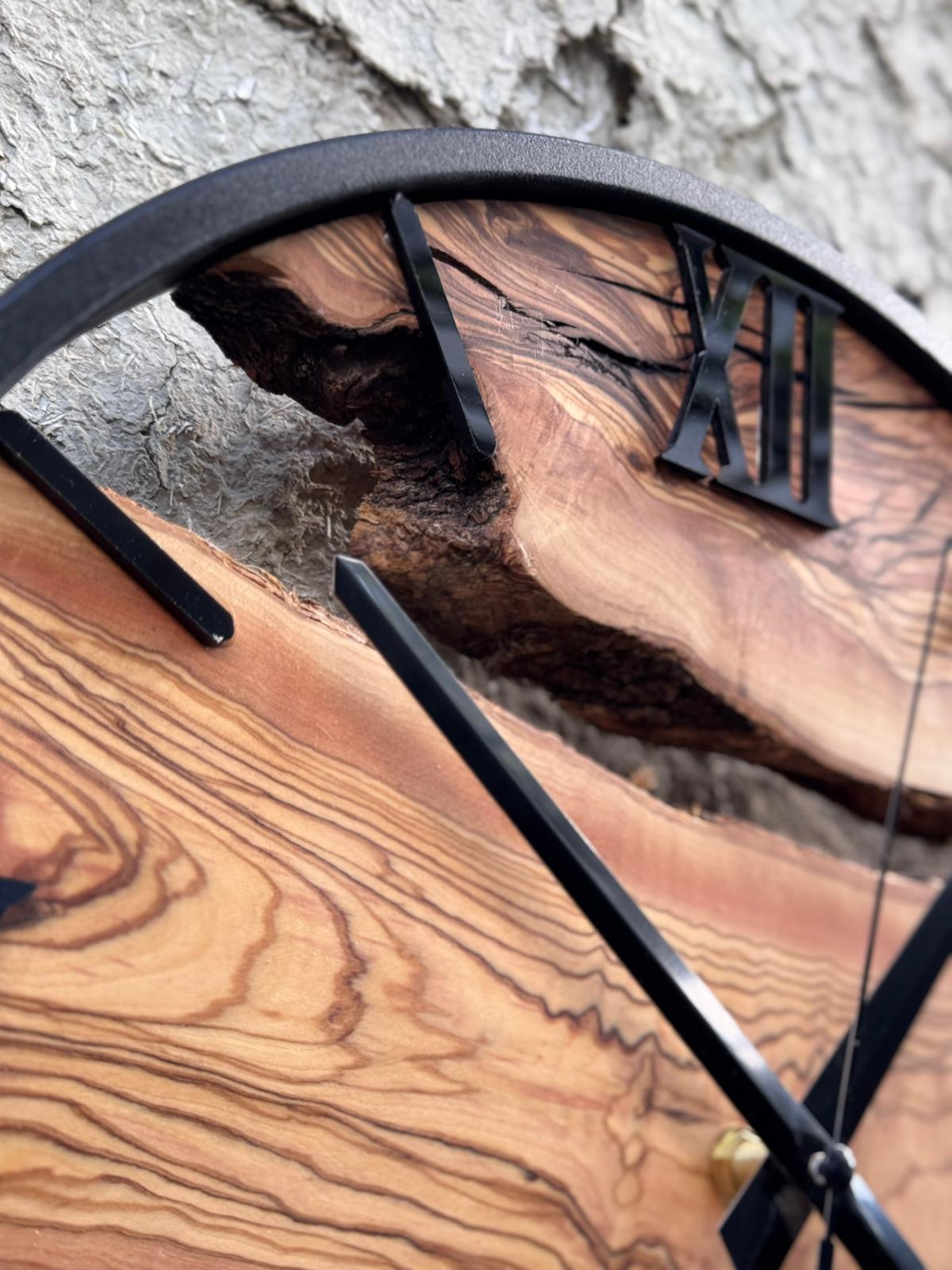 Live Edge Olive Wood Clock with Black Frame, Rustic Wooden Decor
