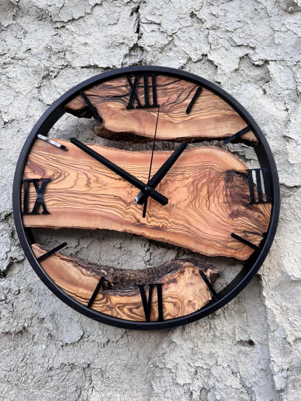 Live Edge Olive Wood Clock with Black Frame, Rustic Wooden Decor