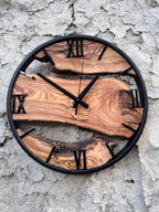 Live Edge Olive Wood Clock with Black Frame, Rustic Wooden Decor