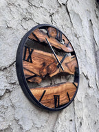 Handmade Olive Wood Clock, Live Edge Wooden Clock with Metal Frame