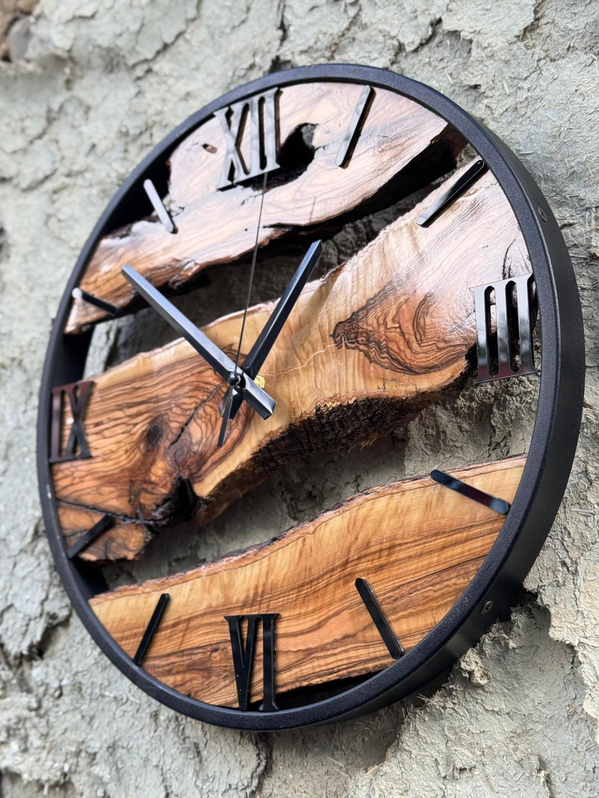 Handmade Olive Wood Clock, Live Edge Wooden Clock with Metal Frame