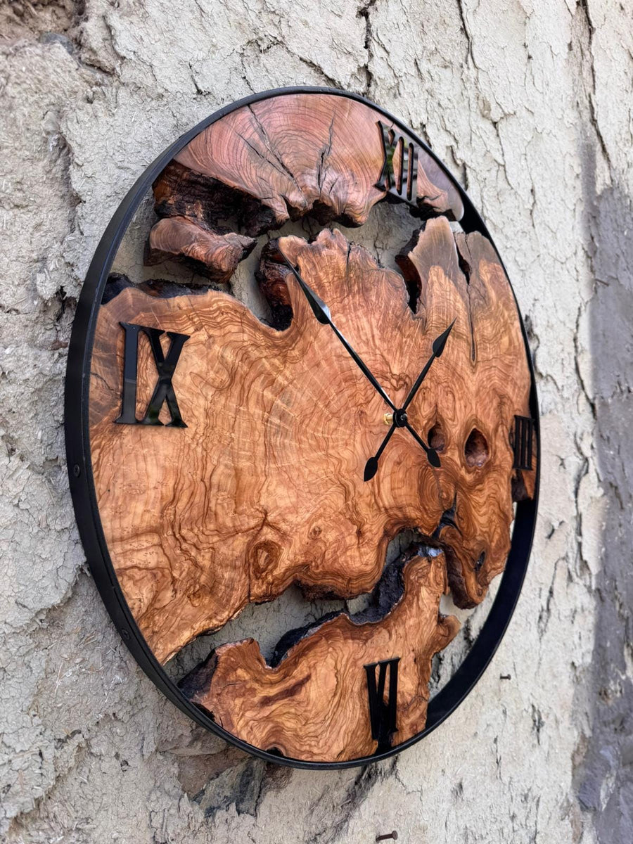 Live Edge Olive Wood Wall Clock: Rustic Handcrafted Silent Natural Grain Decor