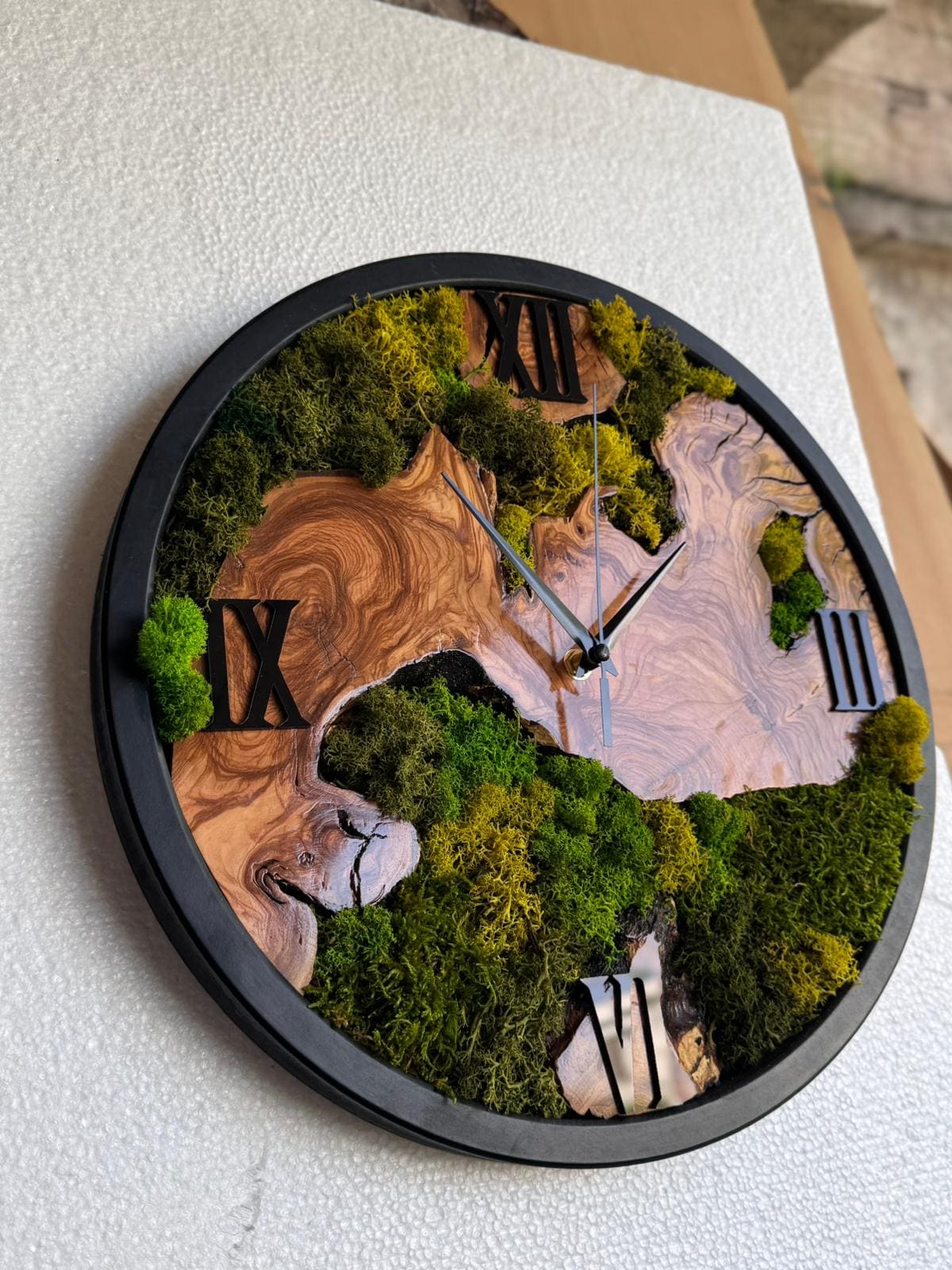 Live Edge Olive Wood Clock with Preserved Moss | Rustic Botanical Wall Art