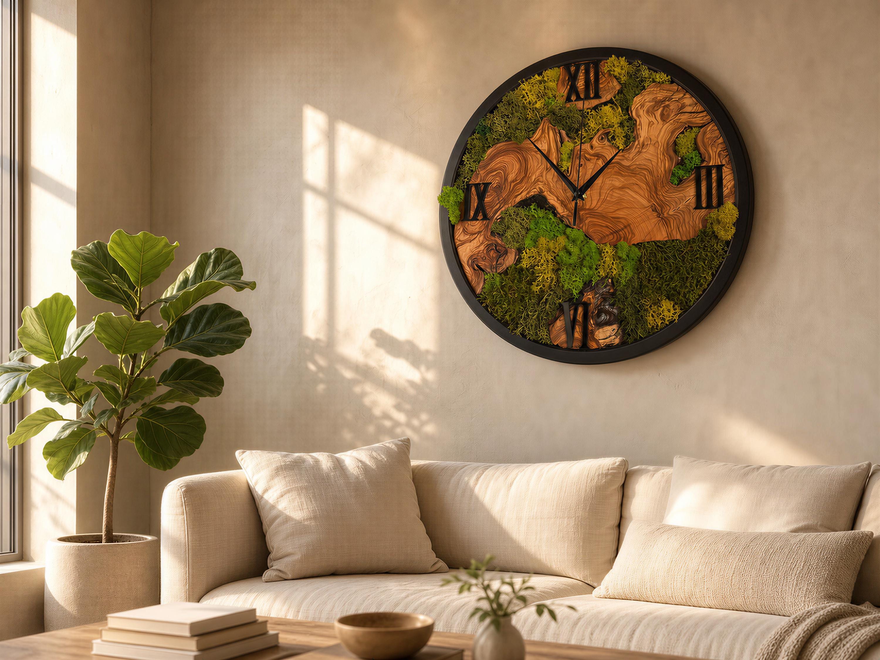 Live Edge Olive Wood Clock with Preserved Moss | Rustic Botanical Wall Art