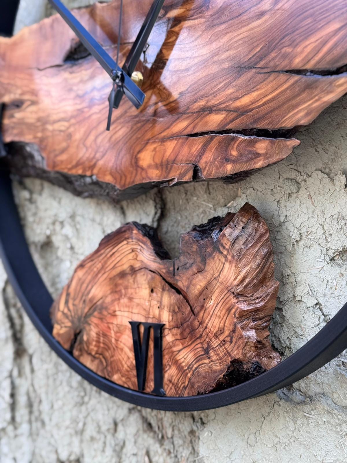 Handmade Olive Wood Clock with Metal Frame, Rustic Live Edge Decor