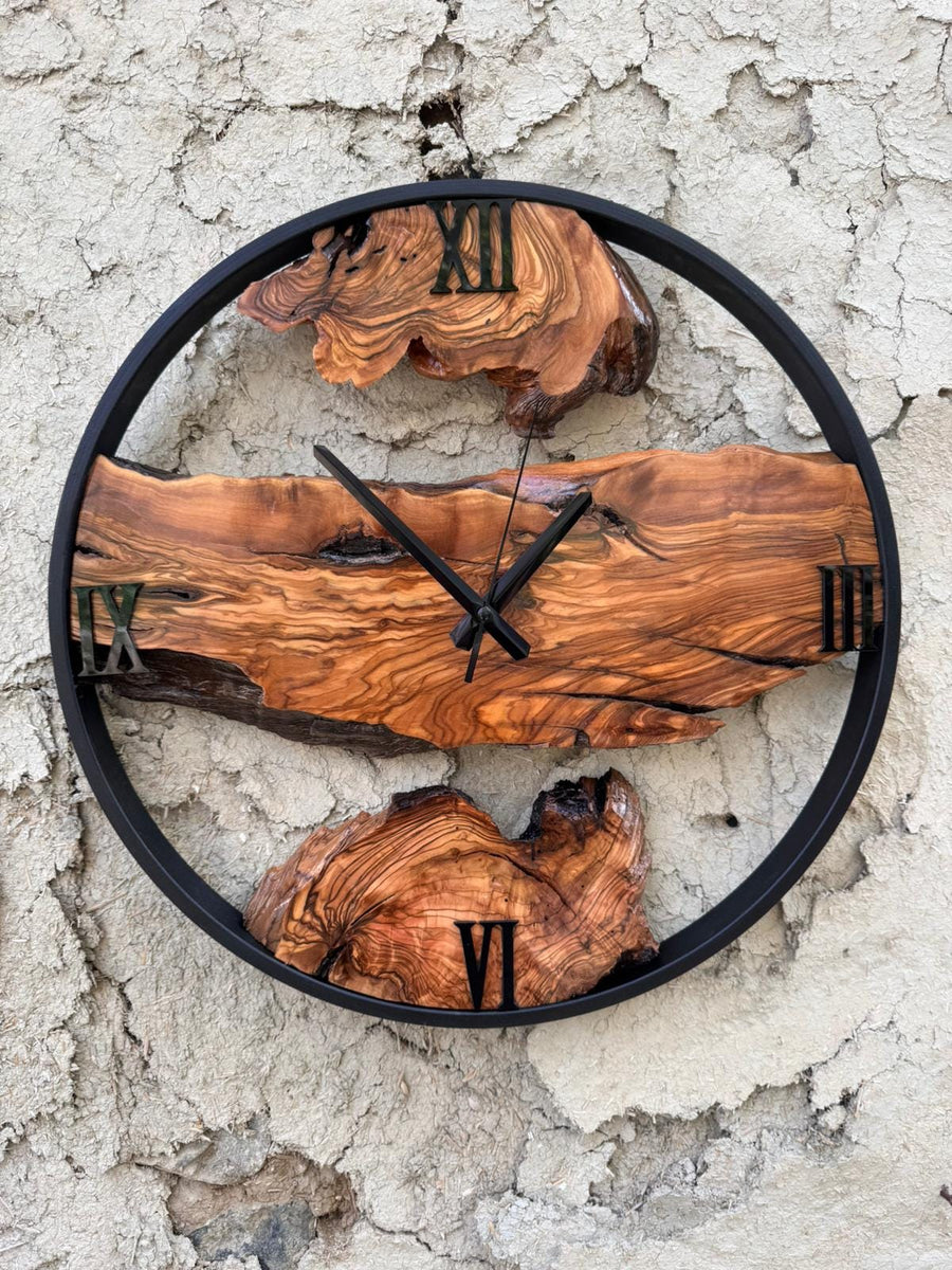 Handmade Olive Wood Clock with Metal Frame, Rustic Live Edge Decor