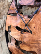 Olive Wood Clock with Black Metal Frame, Rustic Live Edge Design