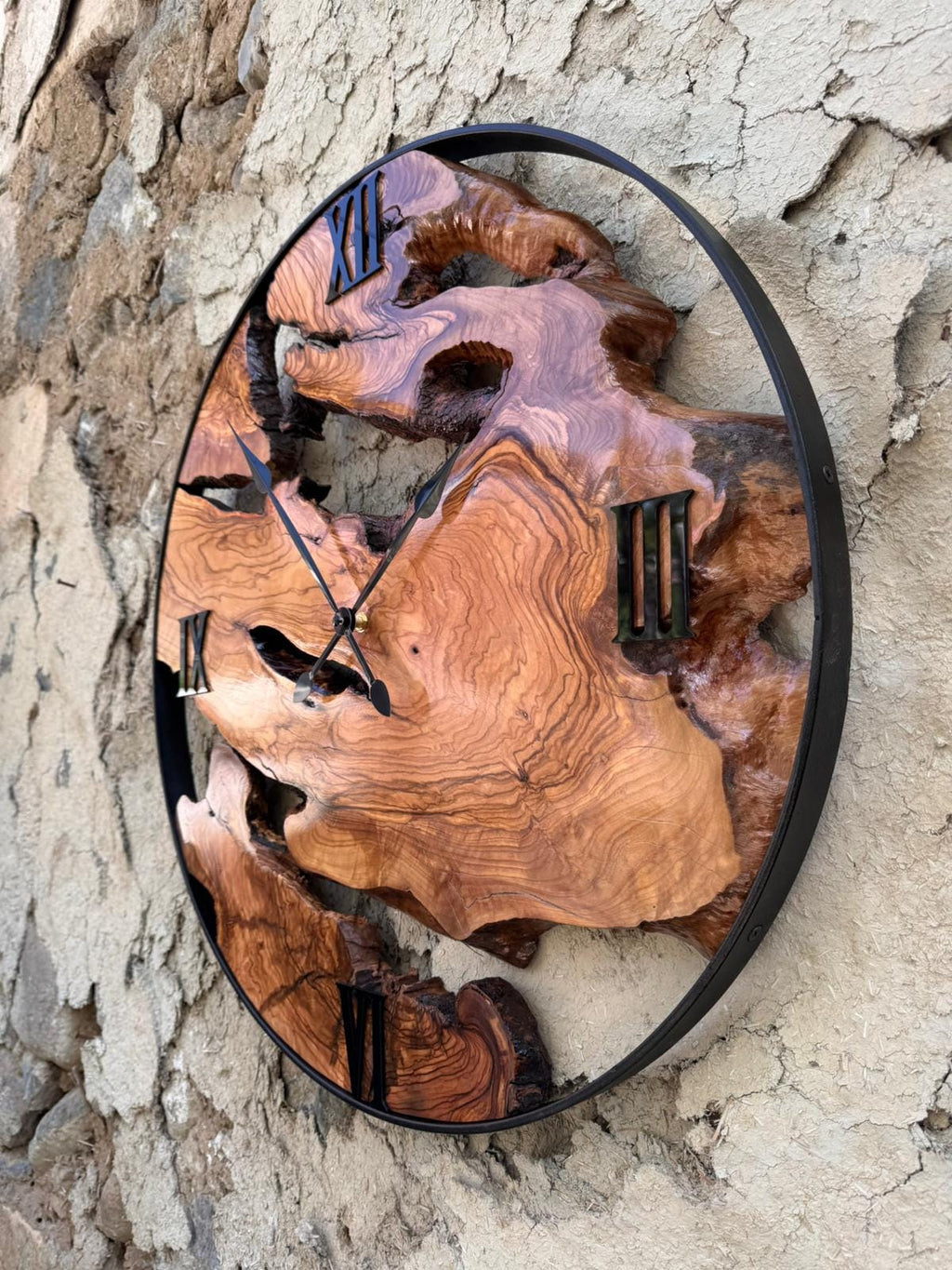 Olive Wood Clock with Black Metal Frame, Rustic Live Edge Design