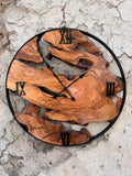Olive Wood Clock with Black Metal Frame, Rustic Live Edge Design