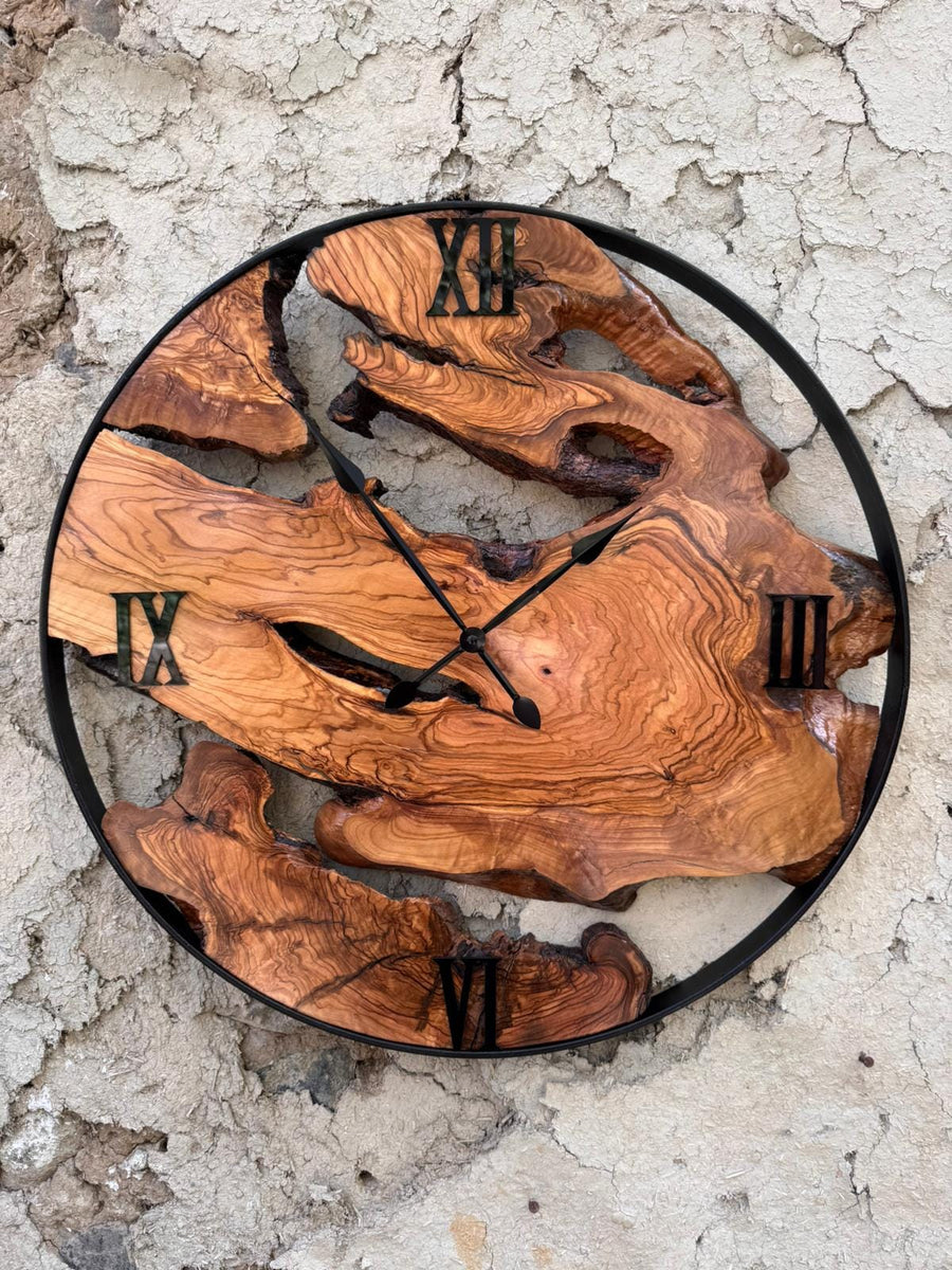 Olive Wood Clock with Black Metal Frame, Rustic Live Edge Design