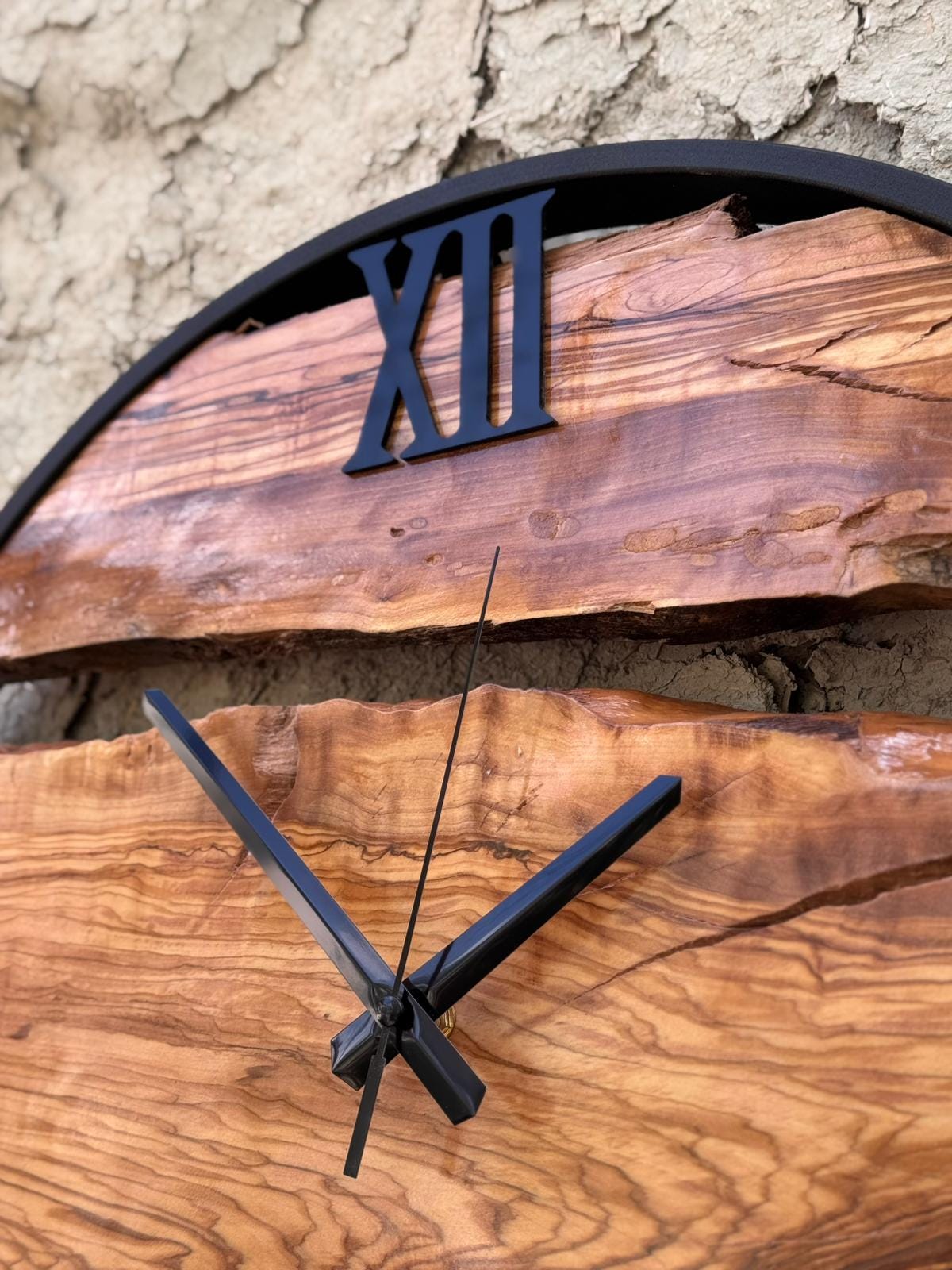 Rustic Olive Wood Clock with Metal Frame, Natural Live Edge Design