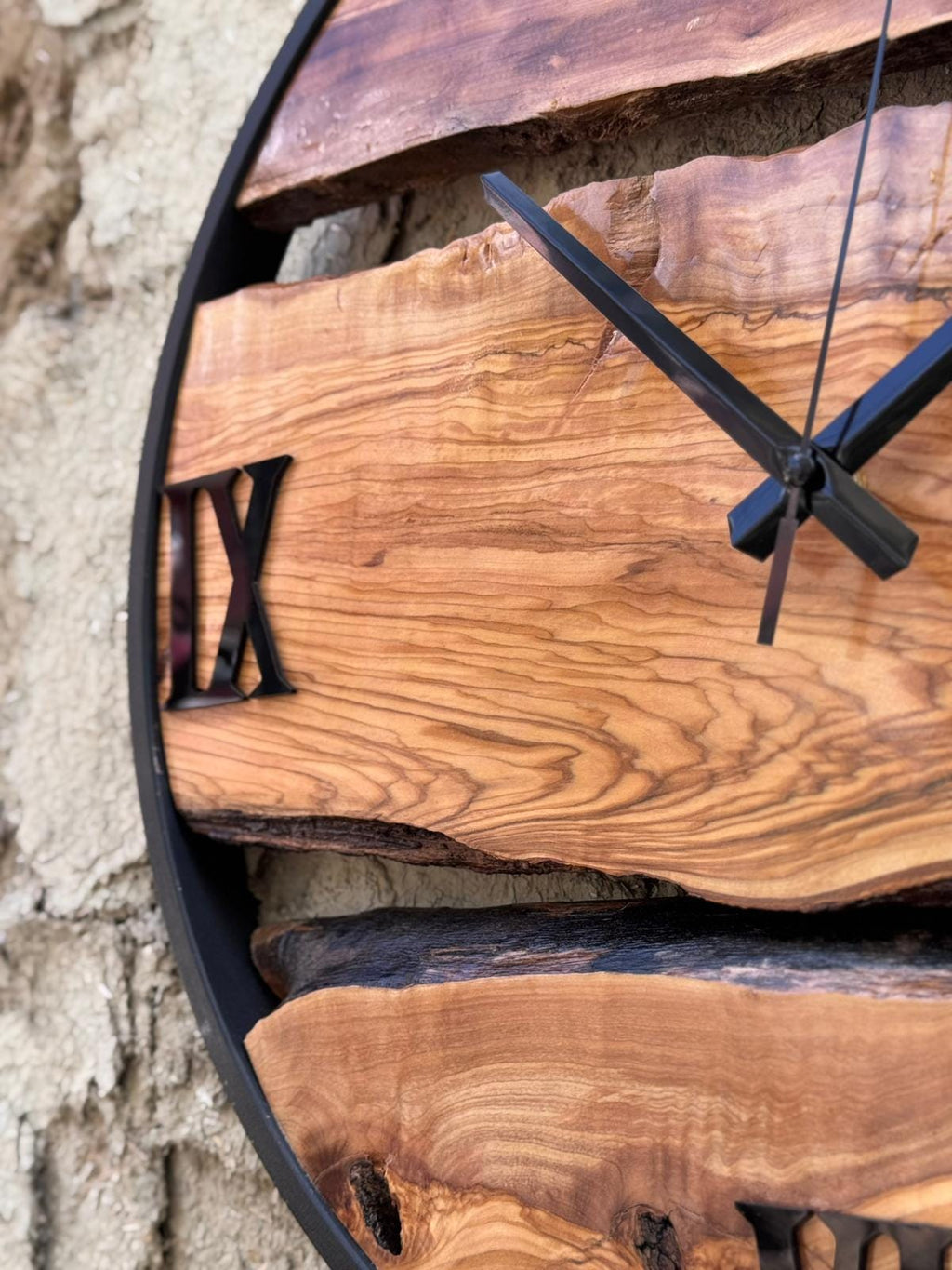 Rustic Olive Wood Clock with Metal Frame, Natural Live Edge Design