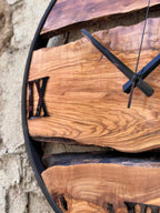 Rustic Olive Wood Clock with Metal Frame, Natural Live Edge Design