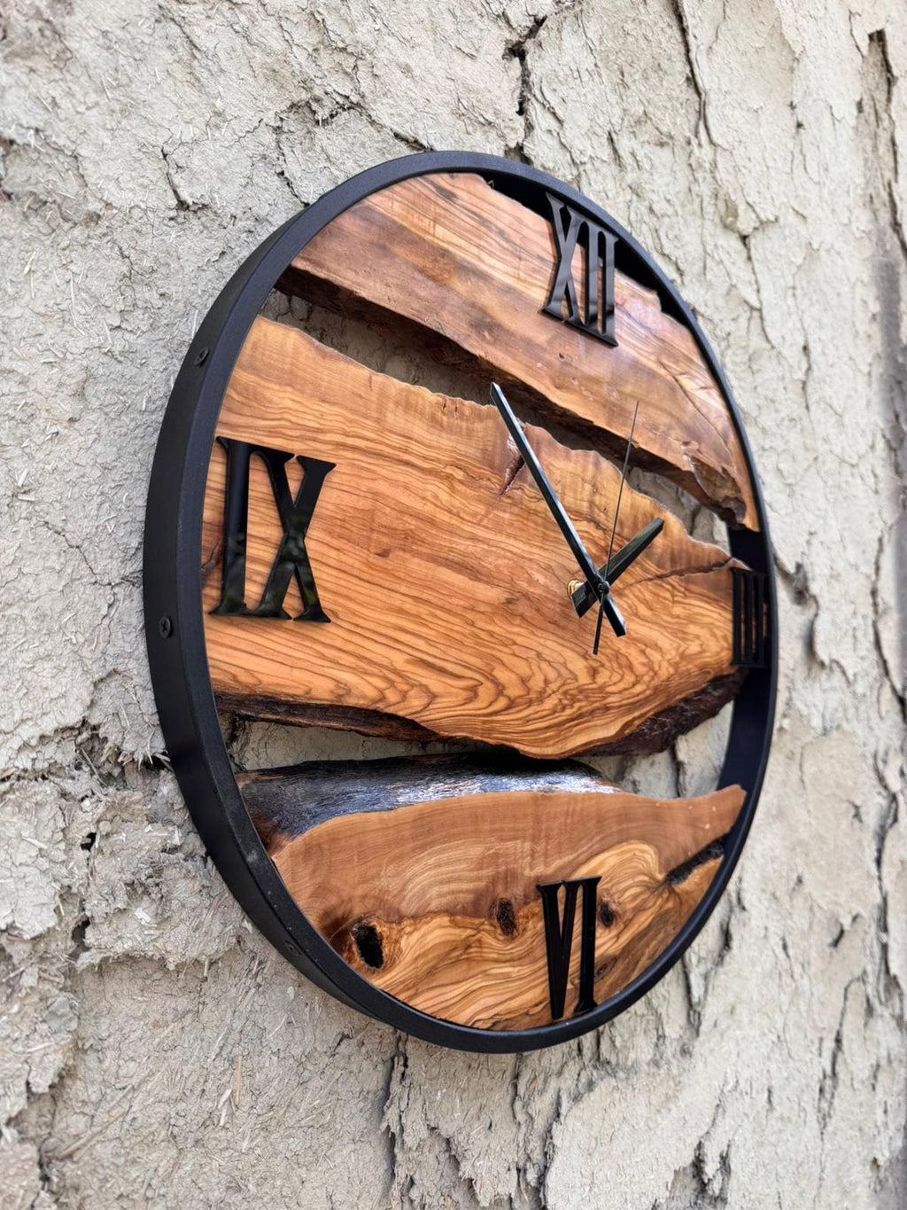 Rustic Olive Wood Clock with Metal Frame, Natural Live Edge Design