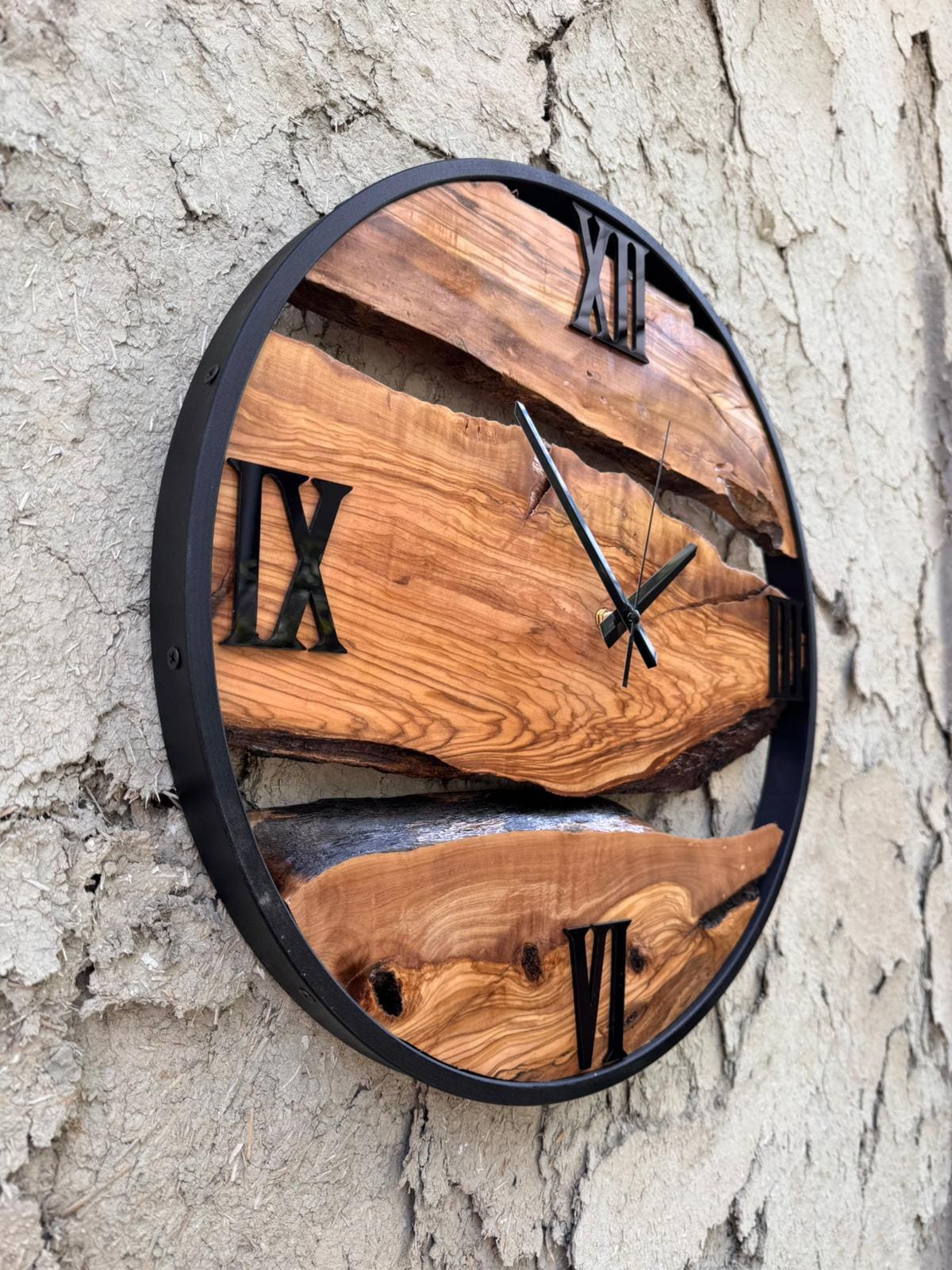 Rustic Olive Wood Clock with Metal Frame, Natural Live Edge Design