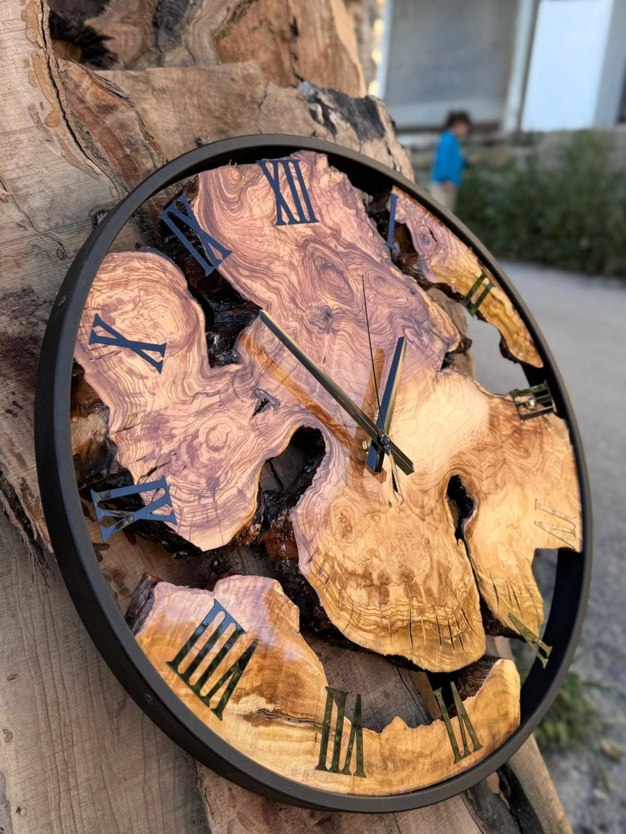 Handmade Olive Wood Wall Clock | Large Custom Live Edge Timepiece | Modern Farmhouse Decor
