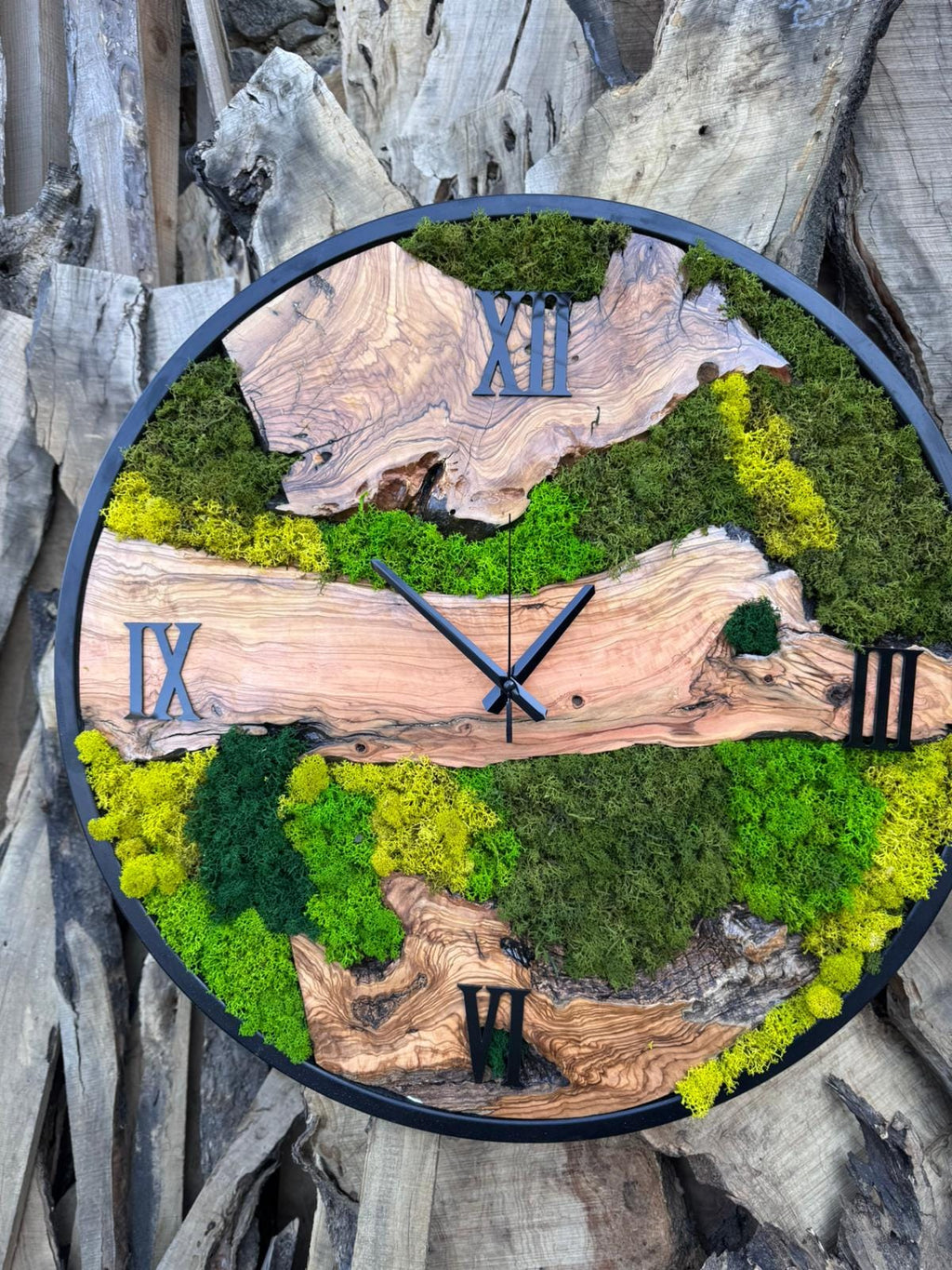 Moss Wall Clock | Olive Wood & Preserved Moss | Handmade Nature Decor | Rustic Boho Gift