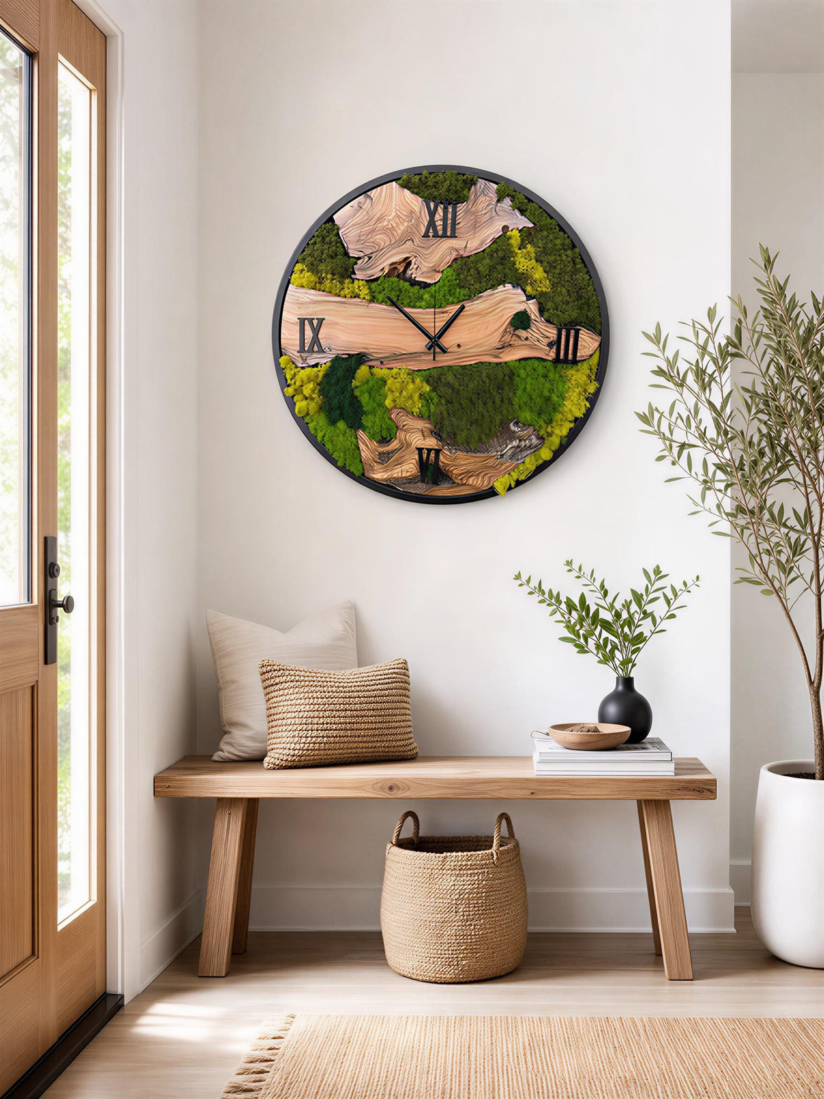 Moss Wall Clock | Olive Wood & Preserved Moss | Handmade Nature Decor | Rustic Boho Gift