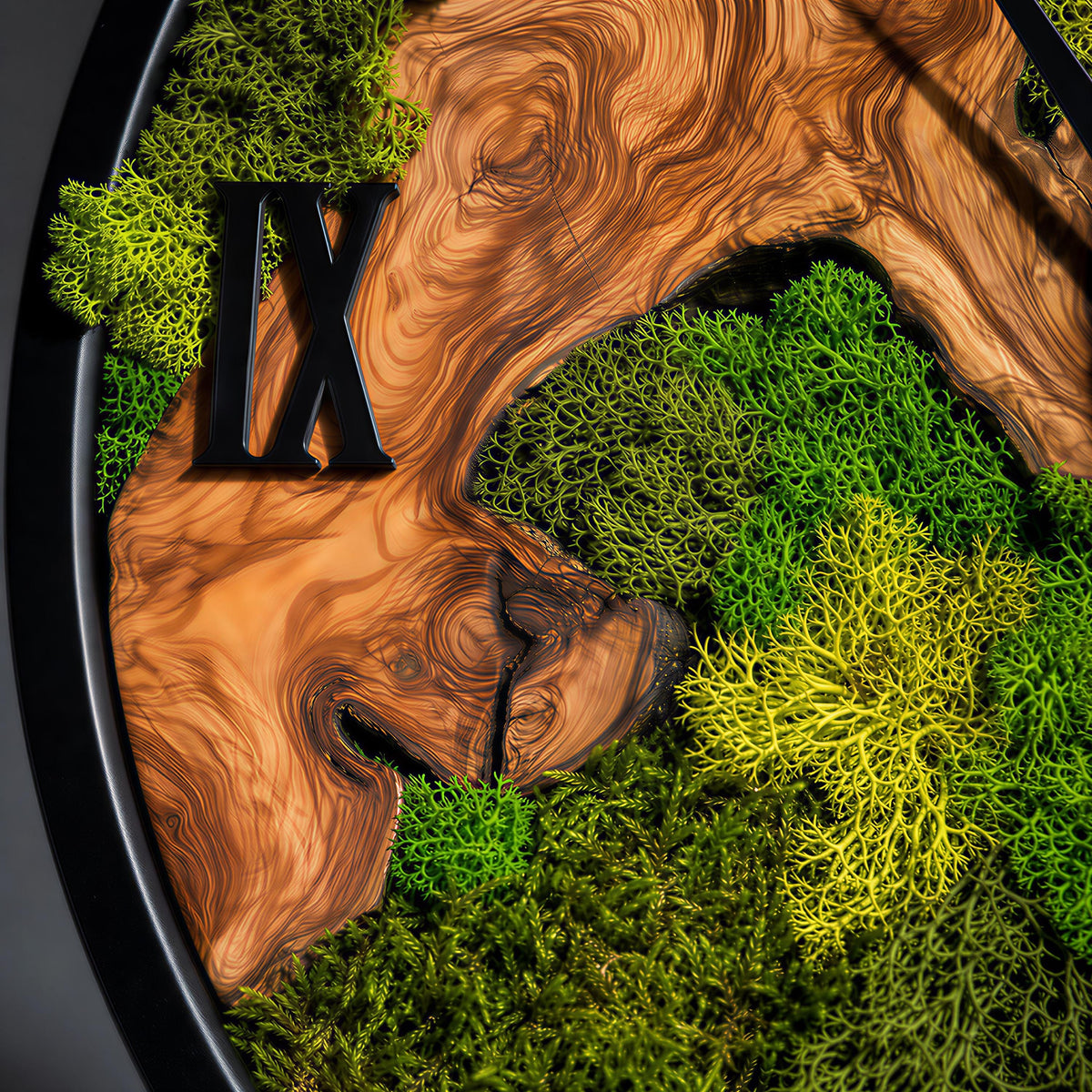 Live Edge Olive Wood Clock with Preserved Moss | Rustic Botanical Wall Art