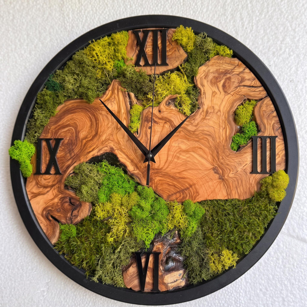 Live Edge Olive Wood Clock with Preserved Moss | Rustic Botanical Wall Art