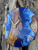 Back view of the ocean epoxy resin clock showing mounting hardware and finished live edge