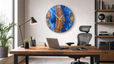 Beach wall clock with swirling blue epoxy resin ocean art and a warm olive wood frame