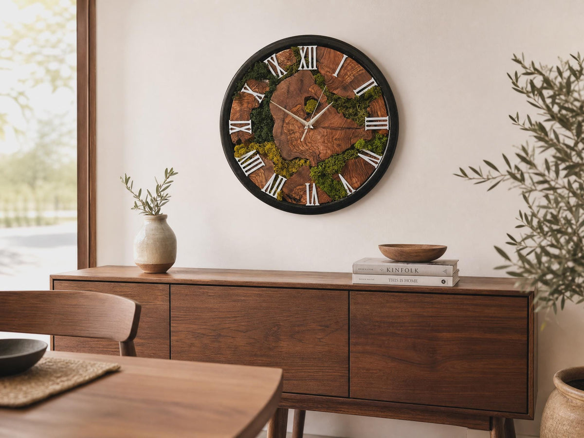 Large moss wall clock on a white wall in a minimalist Scandinavian room