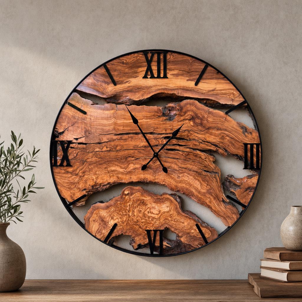Large handmade olive wood wall clock with live edge rustic design, black Roman numerals and a circular black metal frame, on a textured stone wall