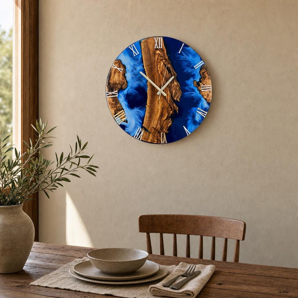 Ocean resin wall clock with blue epoxy art and live edge olive wood, coastal beach house decor