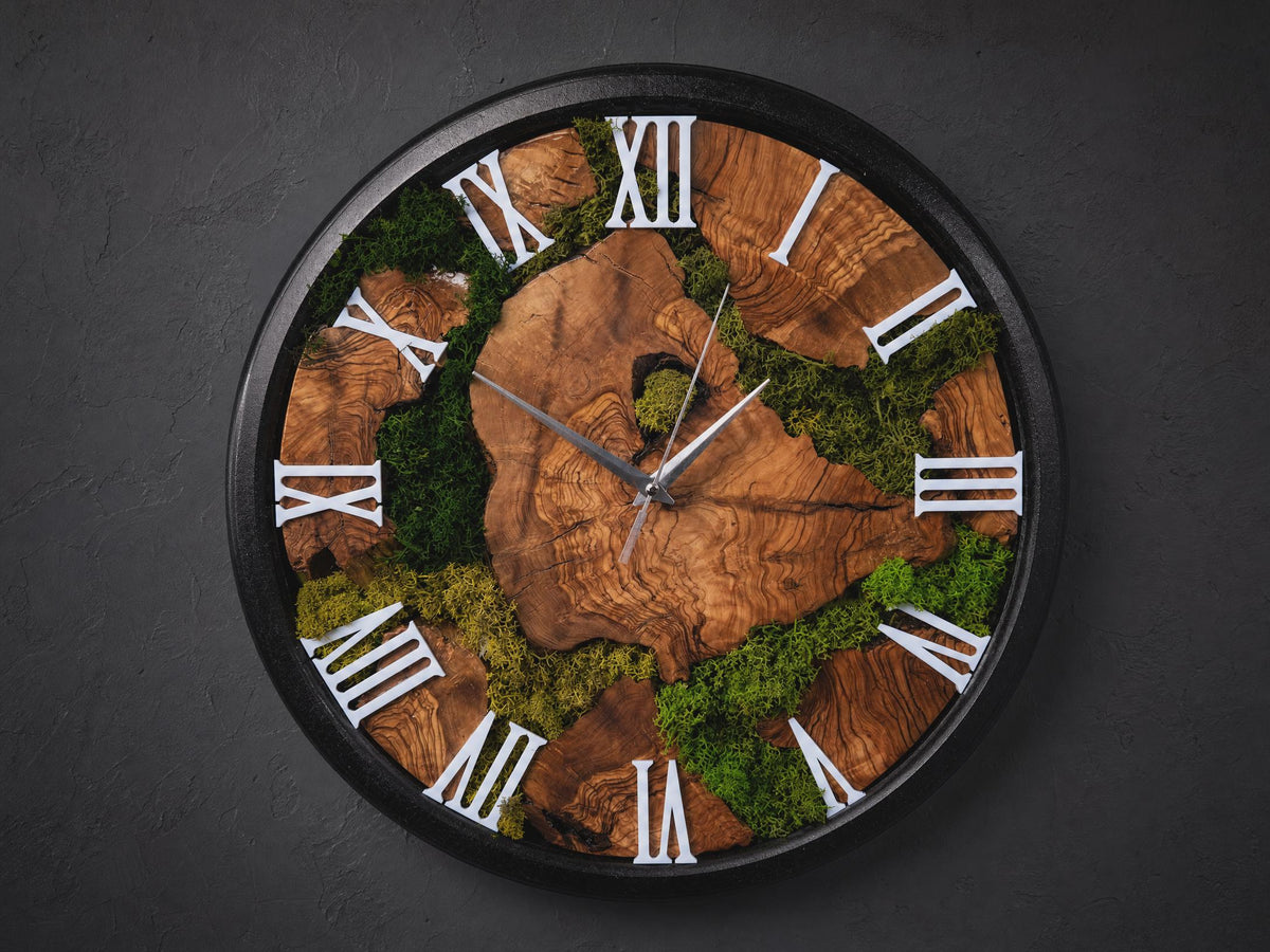 Clock mechanism close-up on the back of the live edge olive wood clock