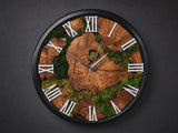 Clock mechanism close-up on the back of the live edge olive wood clock