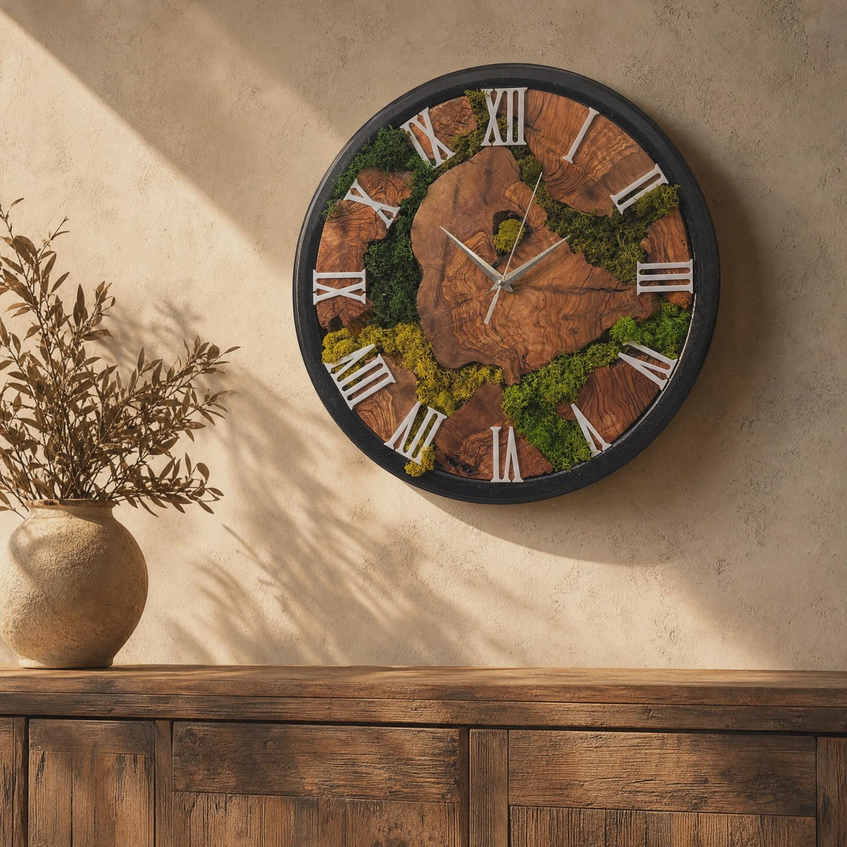 Side profile showing the live edge depth and layered preserved moss arrangement