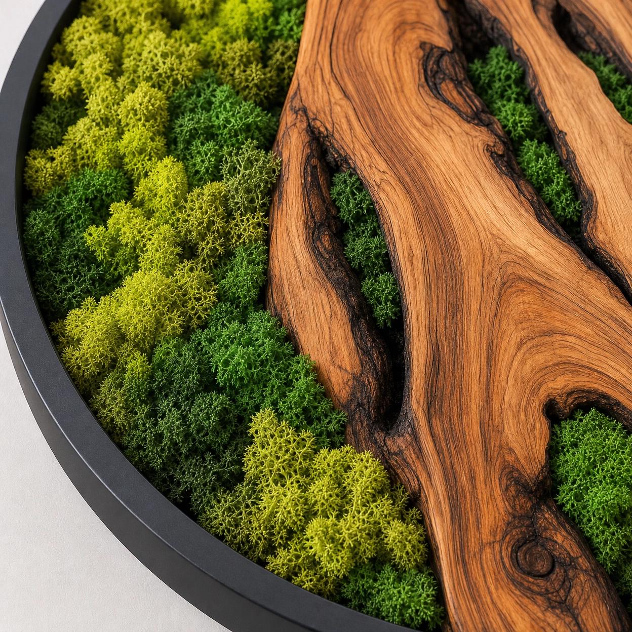 Olive Wood Moss Wall Art – Handmade Round Preserved Moss & Olive Wood Slice Decor | Living Wall Art