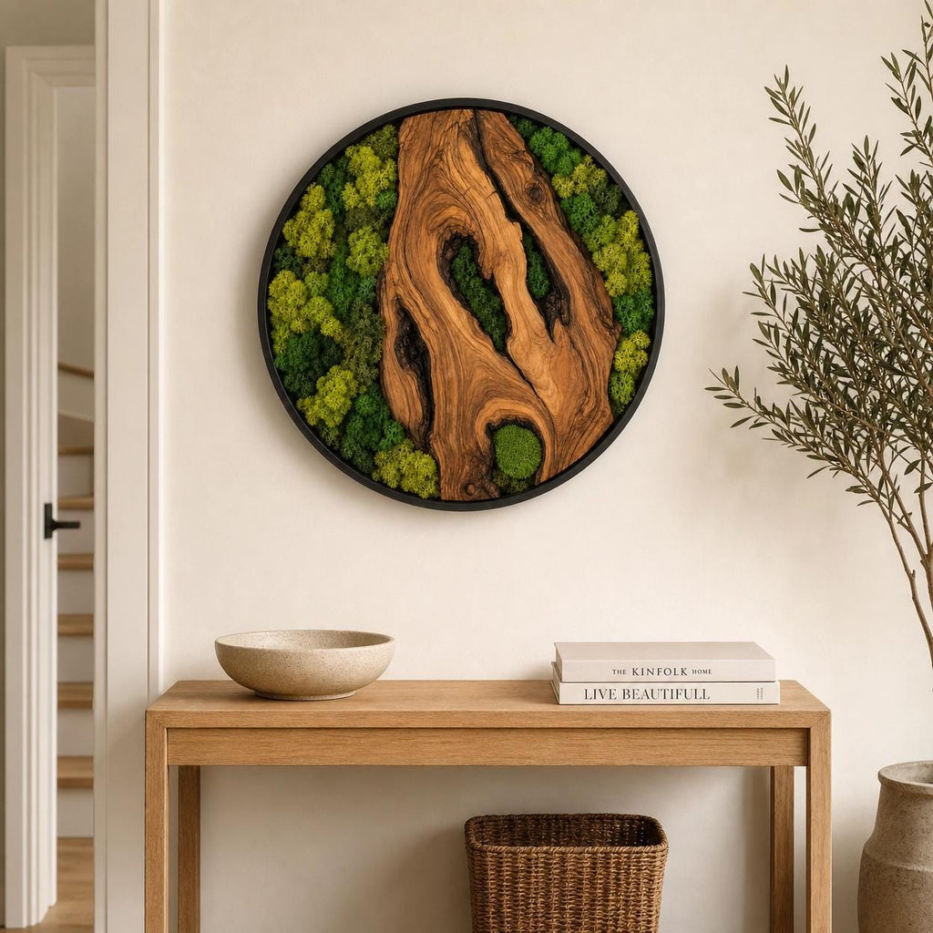 Olive Wood Moss Wall Art – Handmade Round Preserved Moss & Olive Wood Slice Decor | Living Wall Art
